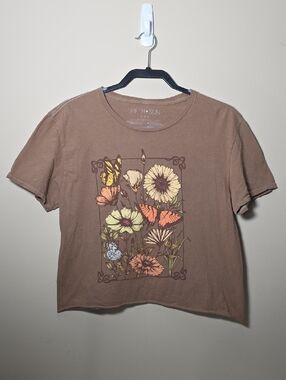 Fifth Sun Butterfly Floral Graphic Crop Top Brown Cottagecore Boho Large